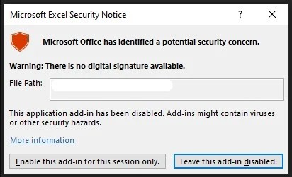 Cảnh báo của Excel khi thực thi file add-in độc hại