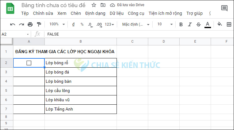 Chèn hộp kiểm vào nội dung