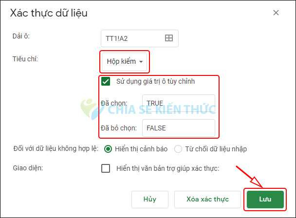 Xác thực dữ liệu tick box