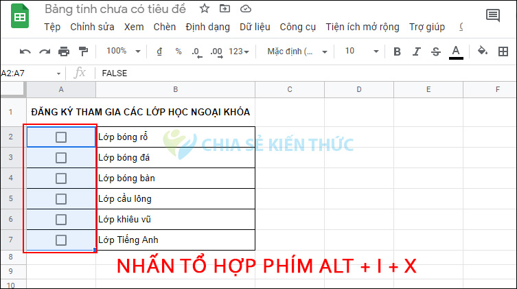 Chèn checkbox trong bảng Google Sheets