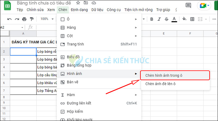 Chèn hình ảnh trong bảng Google Sheets