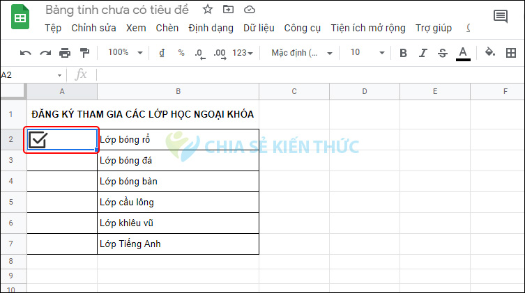 Hình ảnh checkbox trong bảng Google Sheets