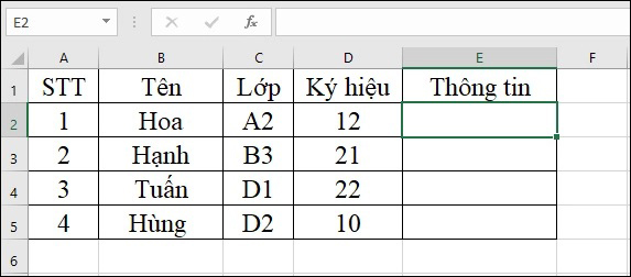 Bảng dữ liệu Excel