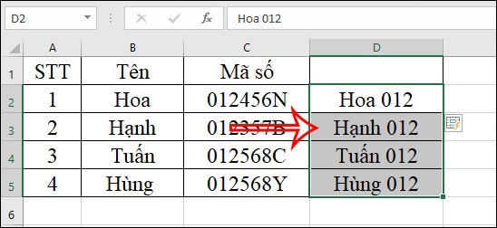 Dữ liệu kết hợp trong Excel