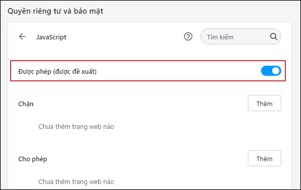 Sử dụng tùy chọn Được phép (Được đề xuất) để bật/tắt Javascript trong Opera