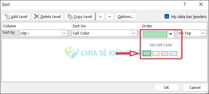 Chọn màu sắp xếp trong Excel