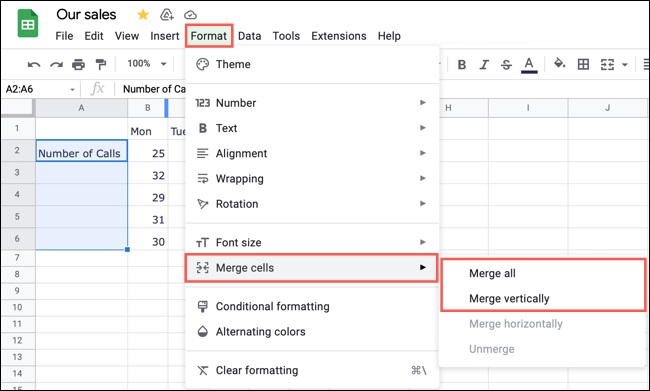 Nhấp vào Format (Định dạng) > Merge Cells (Hợp nhất các ô)