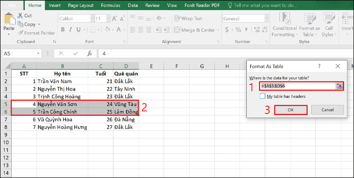 chọn vùng dữ liệu mình cần tại ô Where is the data for your table? và nhấp OK