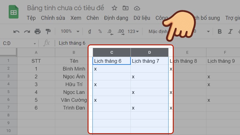 Bôi đen các hàng/cột muốn nhóm lại thành một