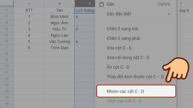 Nhấn chột phải vào ô bất kỳ trong hàng/cột bạn chọn và chọn Nhóm các cột/hàng...