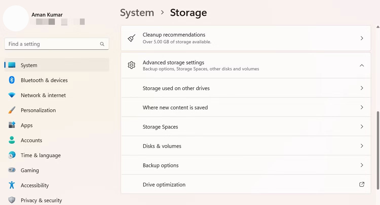 Tùy chọn Disks & Volumes trong ứng dụng Settings