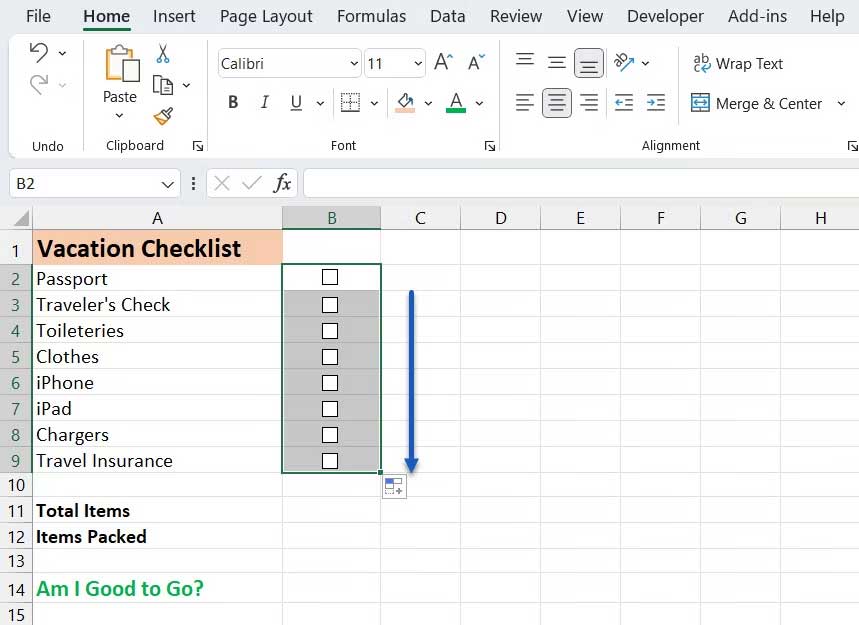 Tạo thành công checklist trong Excel