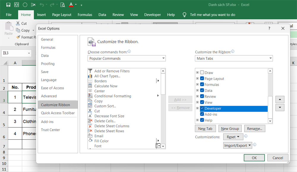 Tùy biến ribbon trong Excel