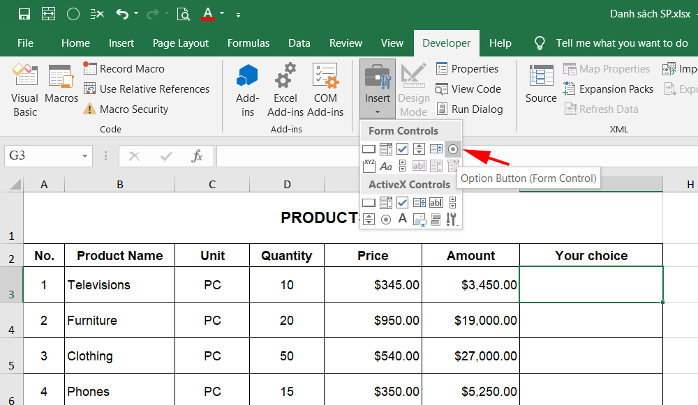 Form Controls trong Excel