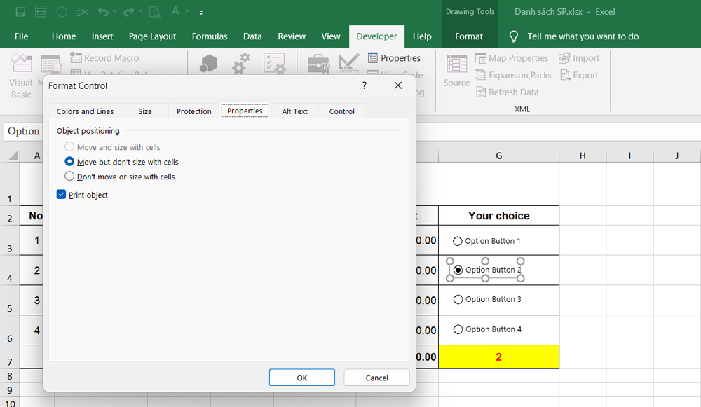 Click tùy chọn cho nút bấm mong muốn trong Excel