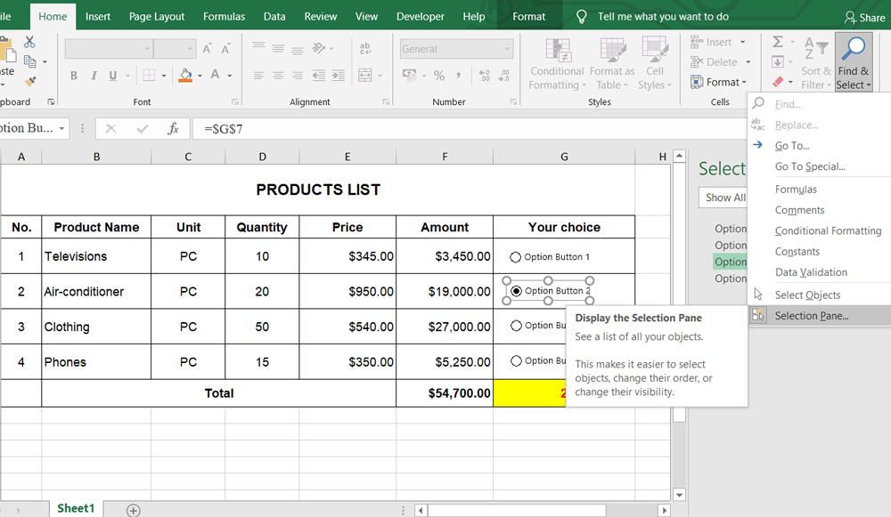 Chọn bảng tính trong Excel