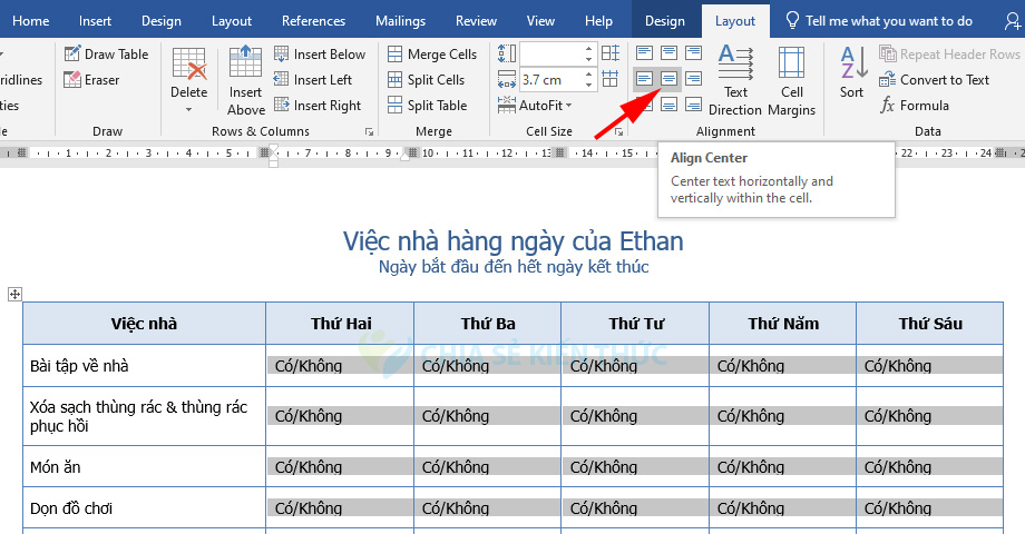 Chọn Align Center