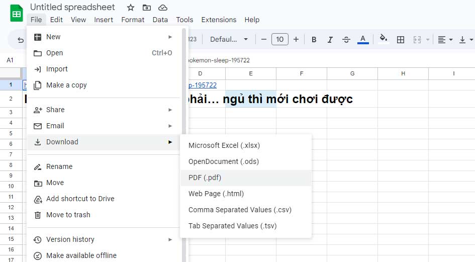 Lựa chọn xuất PDF trong Google Sheets