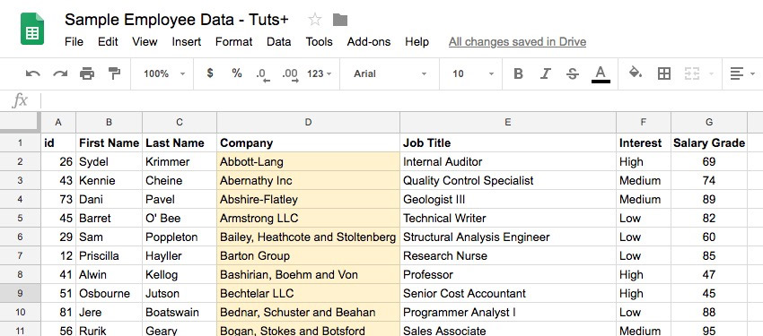 Bảng tính sau khi áp dụng công cụ phân loại của Google Sheets