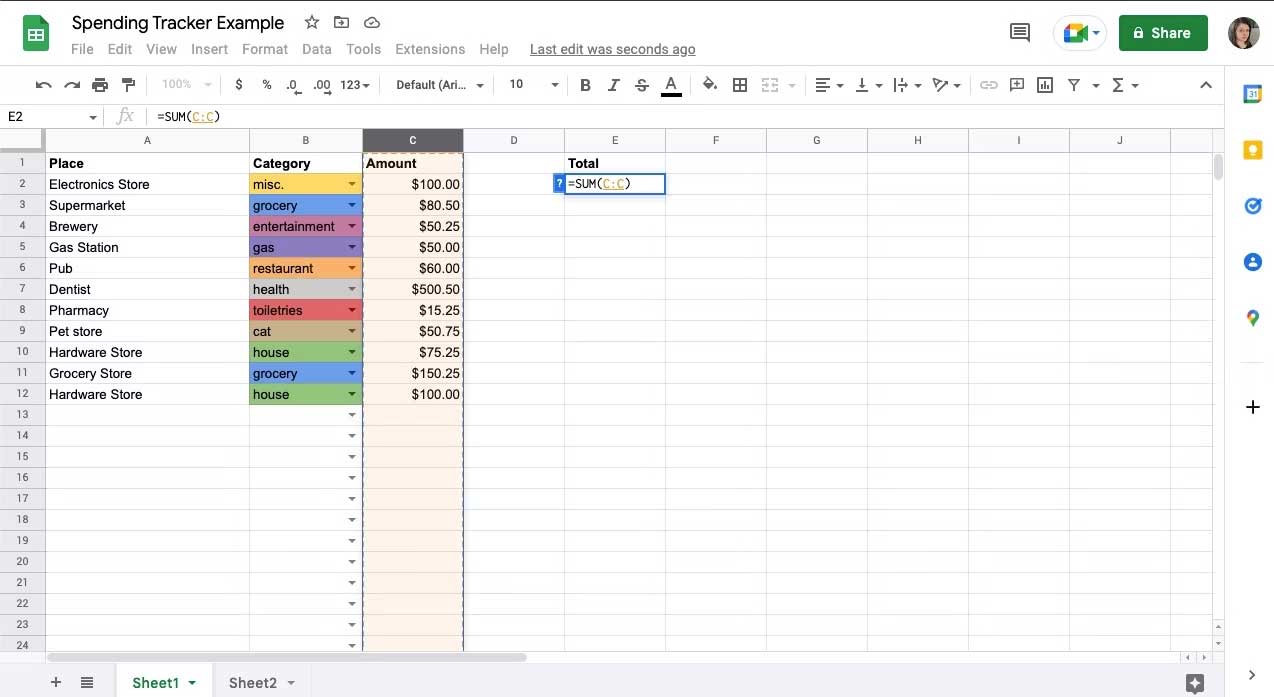 Tính tổng chi tiêu trong Google Sheets