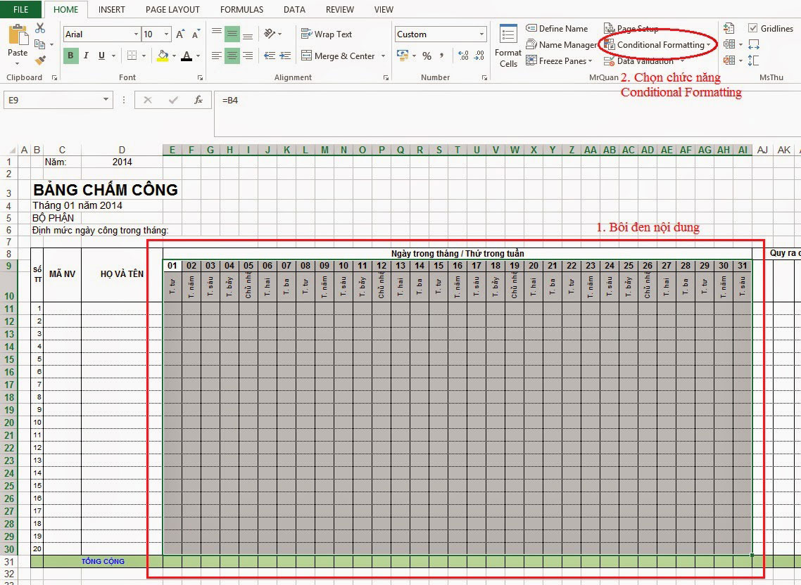 Hướng dẫn chi tiết cách tạo bảng chấm công trên Excel