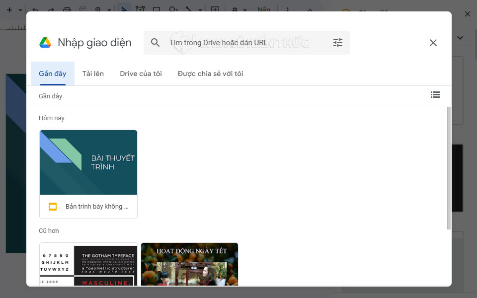 Chọn nơi tải theme vào slide Google Slides