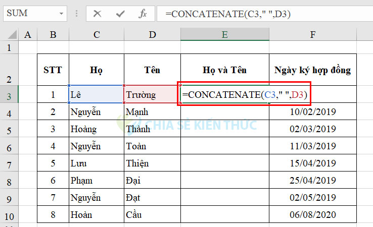 Nhập cú pháp kết nối các chuỗi kí tự có thêm khoảng trắng