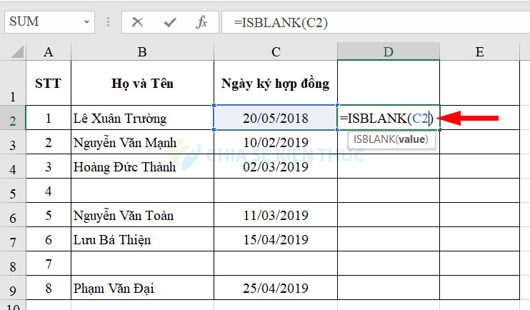 Nhập công thức hàm ISBLANK