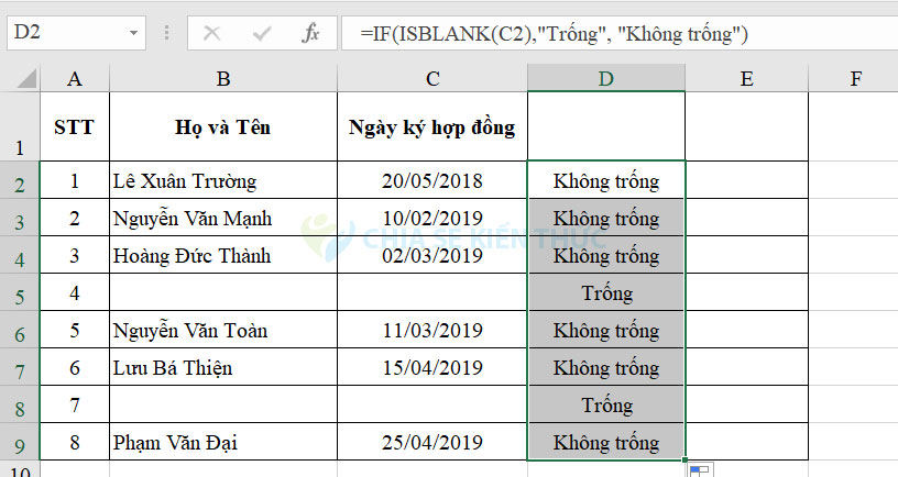 Tìm ô không trống bằng hàm ISBLANK