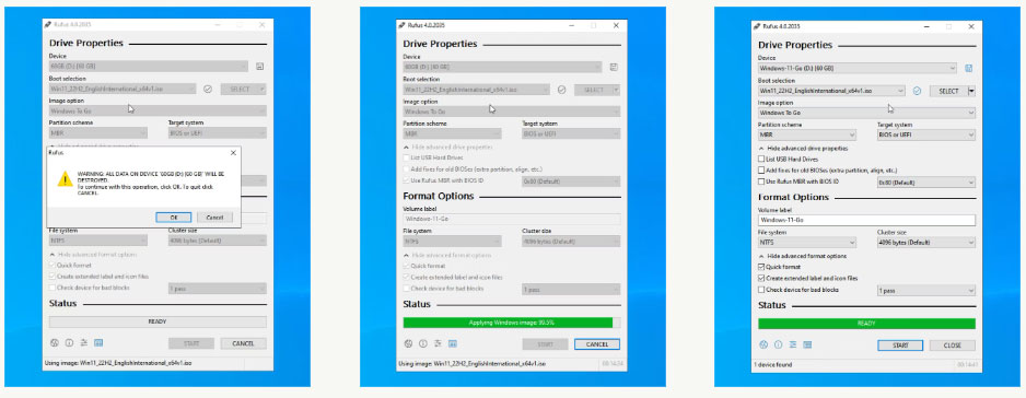 Rufus đã hoàn tất việc áp dụng Windows 11 disk image vào USB SSD và sẵn sàng khởi động