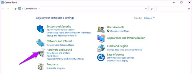 Mở Hardware and Sound trong Control Panel