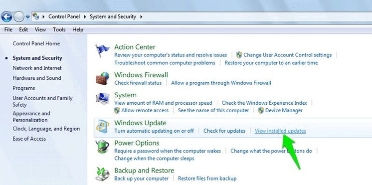 Chọn View installed updates 