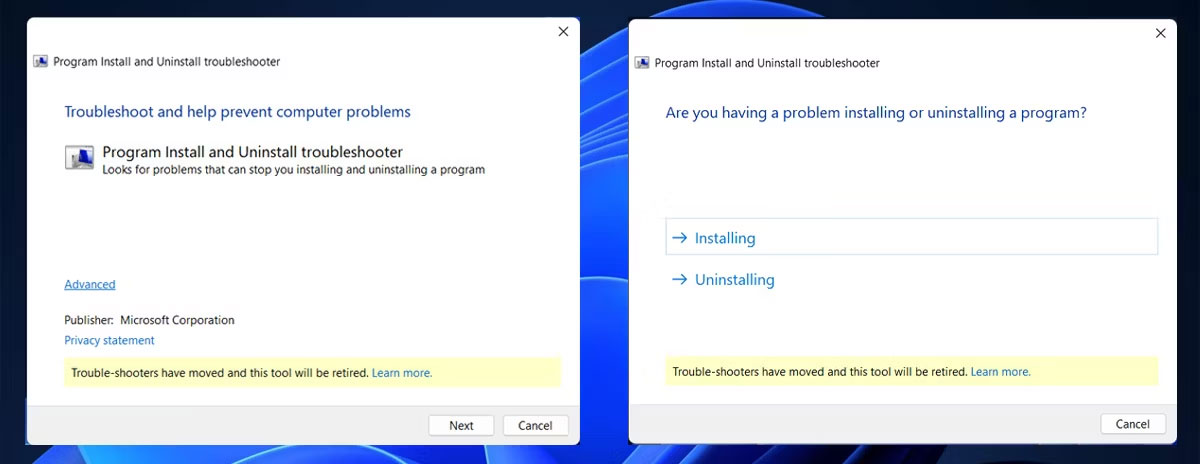 Chạy Install and Uninstall Troubleshooter