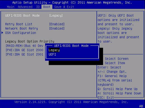 Màn hình BIOS đang hiển thị lựa chọn UEFI Boot Mode và Legacy BIOS Boot Mode