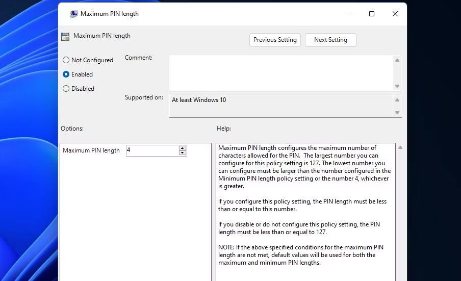 Cửa sổ policy Maximum PIN length 