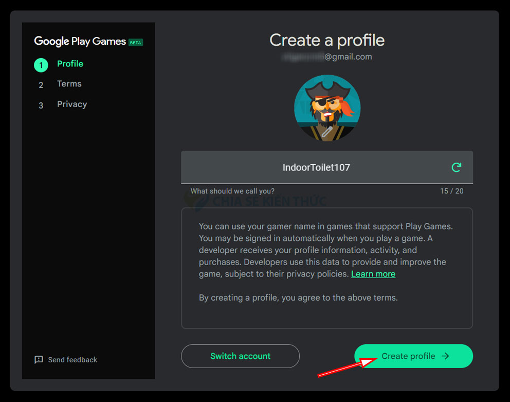 Tải Google Play Games và cài đặt: Create profile