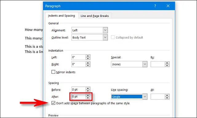 Tích vào ô vuông bên cạnh tùy chọn “Don’t add space between paragraphs of the same style”