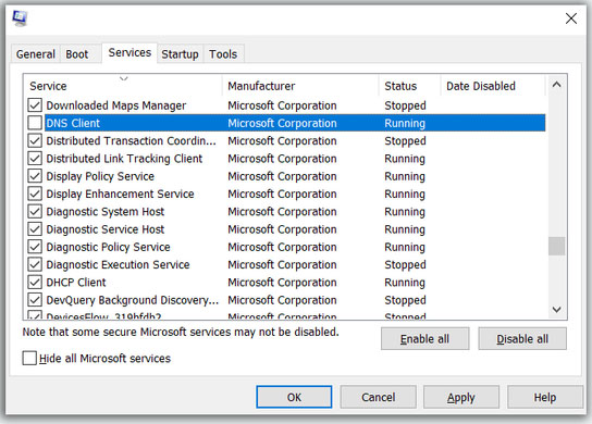 Bỏ chọn service DNS Client