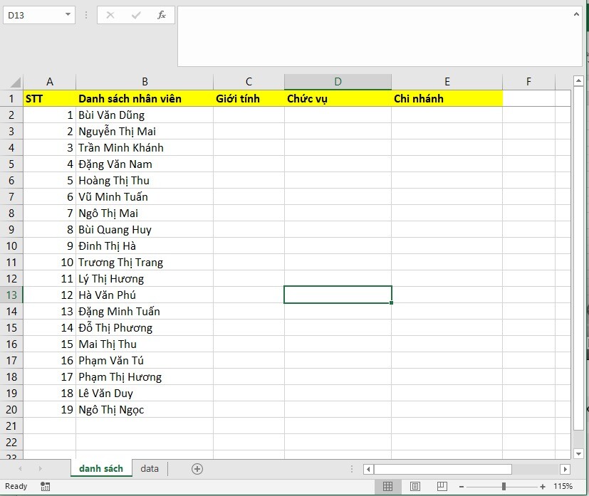 Cách tạo danh sách chọn trong Excel bằng Data Validation - Bảng thể hiện