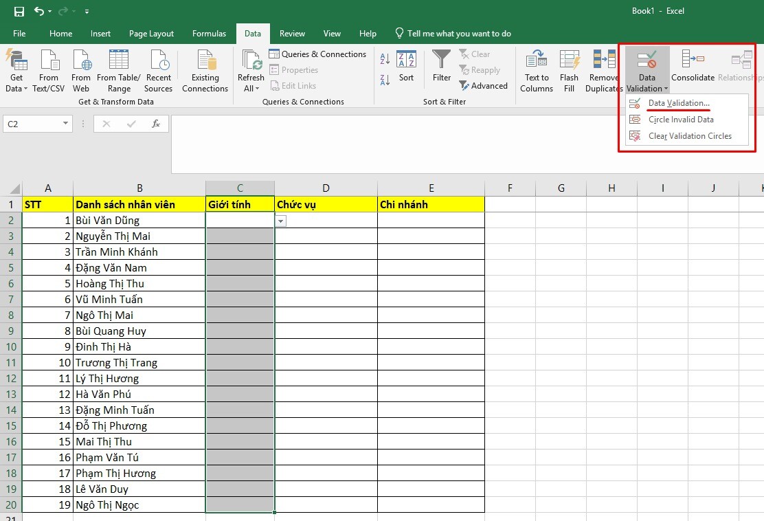 Cách tạo danh sách chọn trong Excel bằng Data Validation - Bước 1