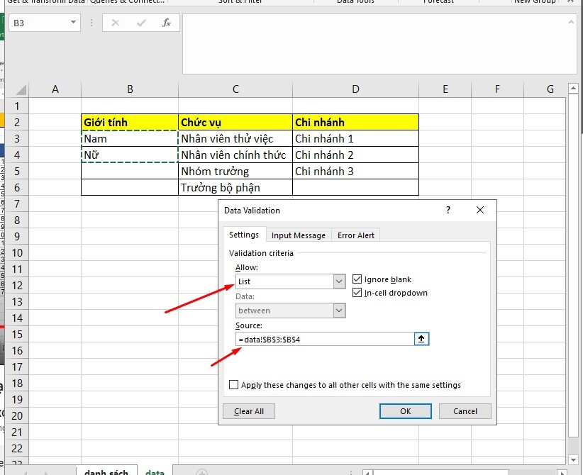 Cách tạo danh sách chọn trong Excel bằng Data Validation - Bước 2