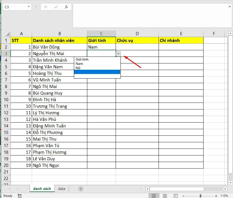 Cách tạo danh sách chọn trong Excel bằng Data Validation - Kết quả