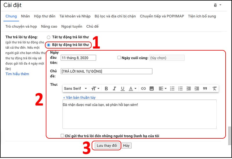 Hướng dẫn cách bật tính năng email trả lời tự động bằng Gmail - Bước 3