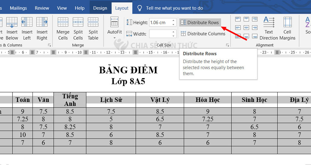 Cách chỉnh kích thước ô đều nhau trong bảng Word qua tab Layout - Bước 2