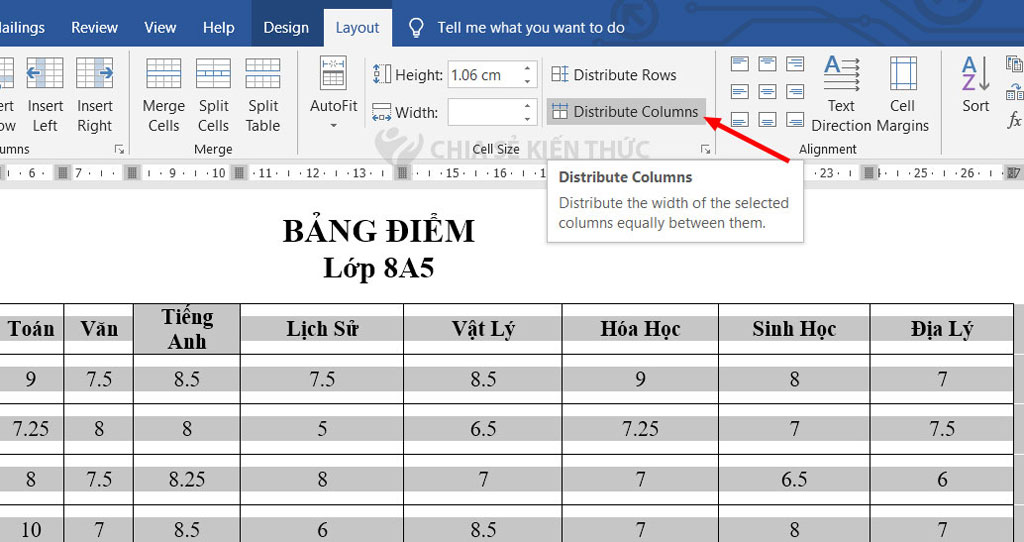 Cách chỉnh kích thước ô đều nhau trong bảng Word qua tab Layout - Bước 3