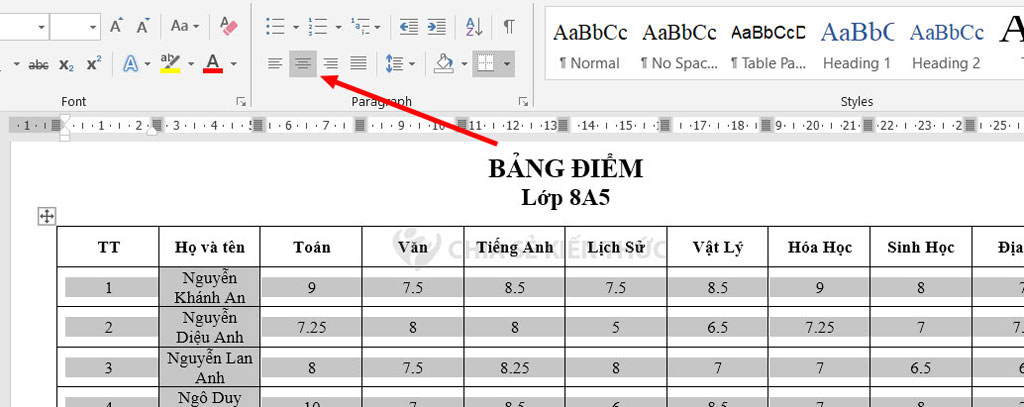 Cách chỉnh kích thước ô đều nhau trong bảng Word qua tab Layout - Căn giữa