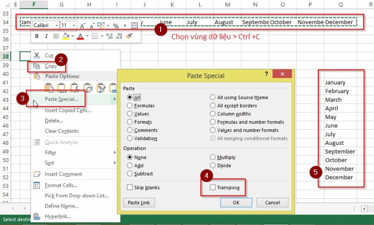 Xoay chiều dữ liệu bằng tính năng Paste Transpose