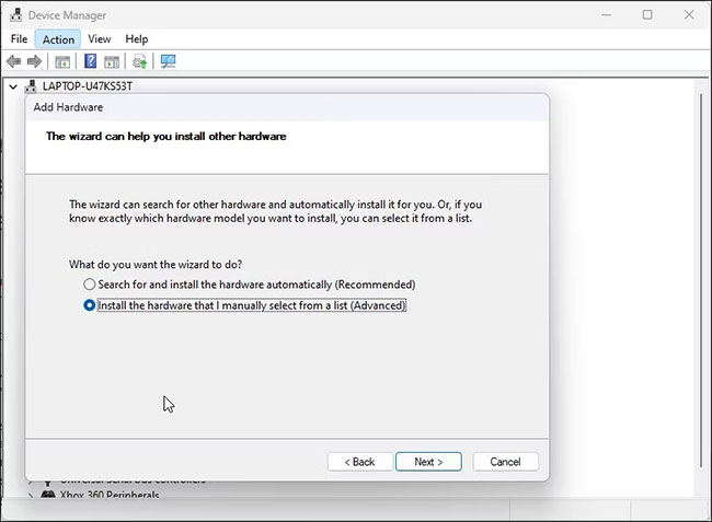Chọn tùy chọn Install the hardware that I manually select from a list (Advanced)