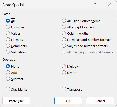 Hộp thoại Paste Special trong Excel