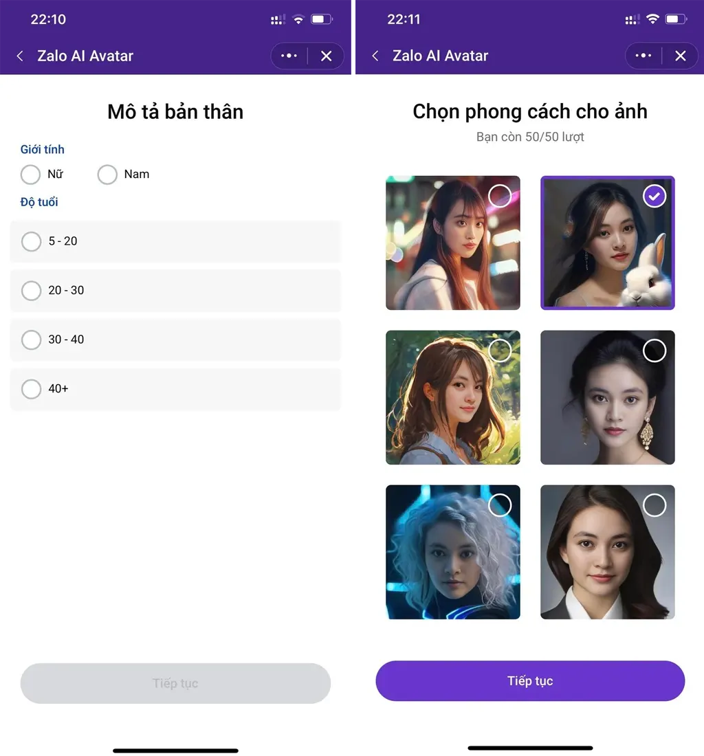 Người dùng có thể chọn nhiều phong cách khác nhau, chọn độ tuổi, giới tính.